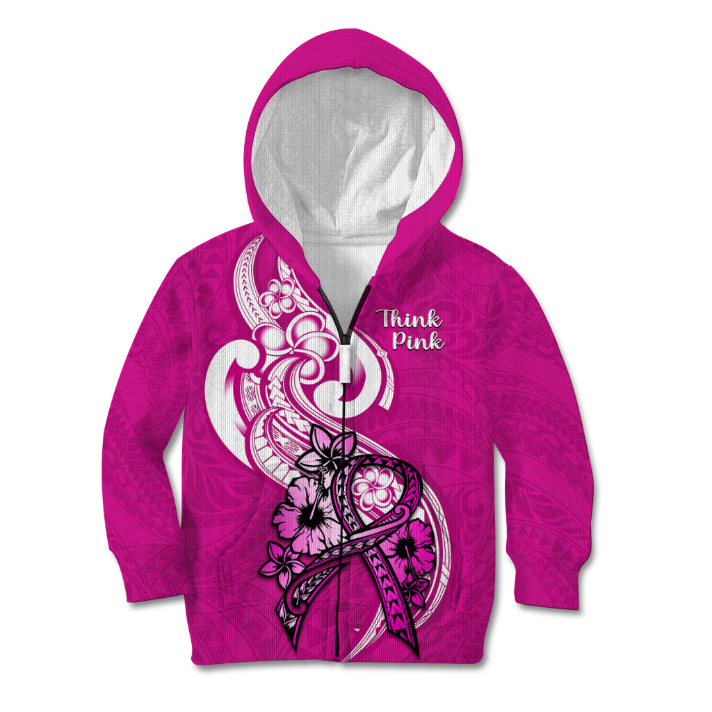 Polynesia Breast Cancer Awareness Kid Hoodie Think Pink Polynesian Ribbon White Version - Wonder Print Shop