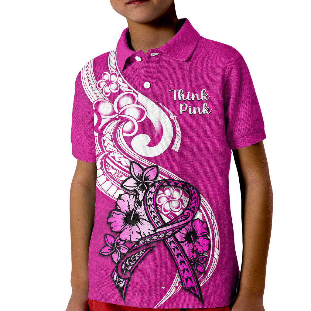 Polynesia Breast Cancer Awareness Kid Polo Shirt Think Pink Polynesian Ribbon White Version - Wonder Print Shop
