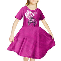 Polynesia Breast Cancer Awareness Kid Short Sleeve Dress Think Pink Polynesian Ribbon White Version - Wonder Print Shop