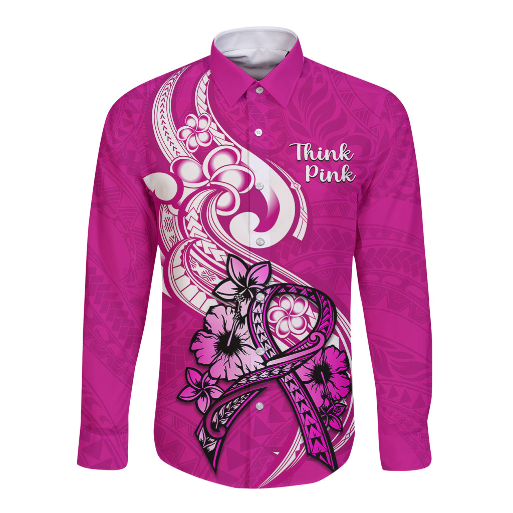 Polynesia Breast Cancer Awareness Long Sleeve Button Shirt Think Pink Polynesian Ribbon White Version - Wonder Print Shop