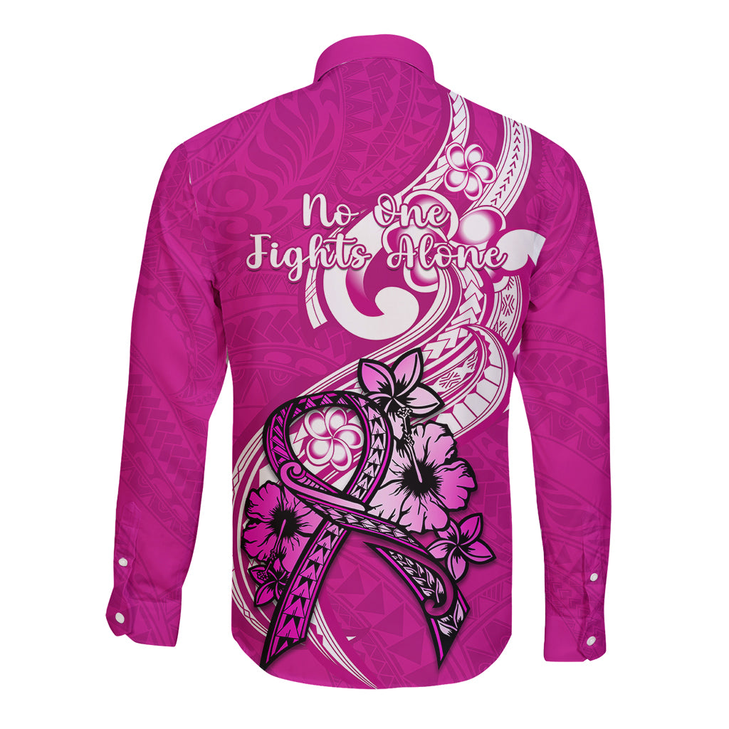 Polynesia Breast Cancer Awareness Long Sleeve Button Shirt Think Pink Polynesian Ribbon White Version - Wonder Print Shop