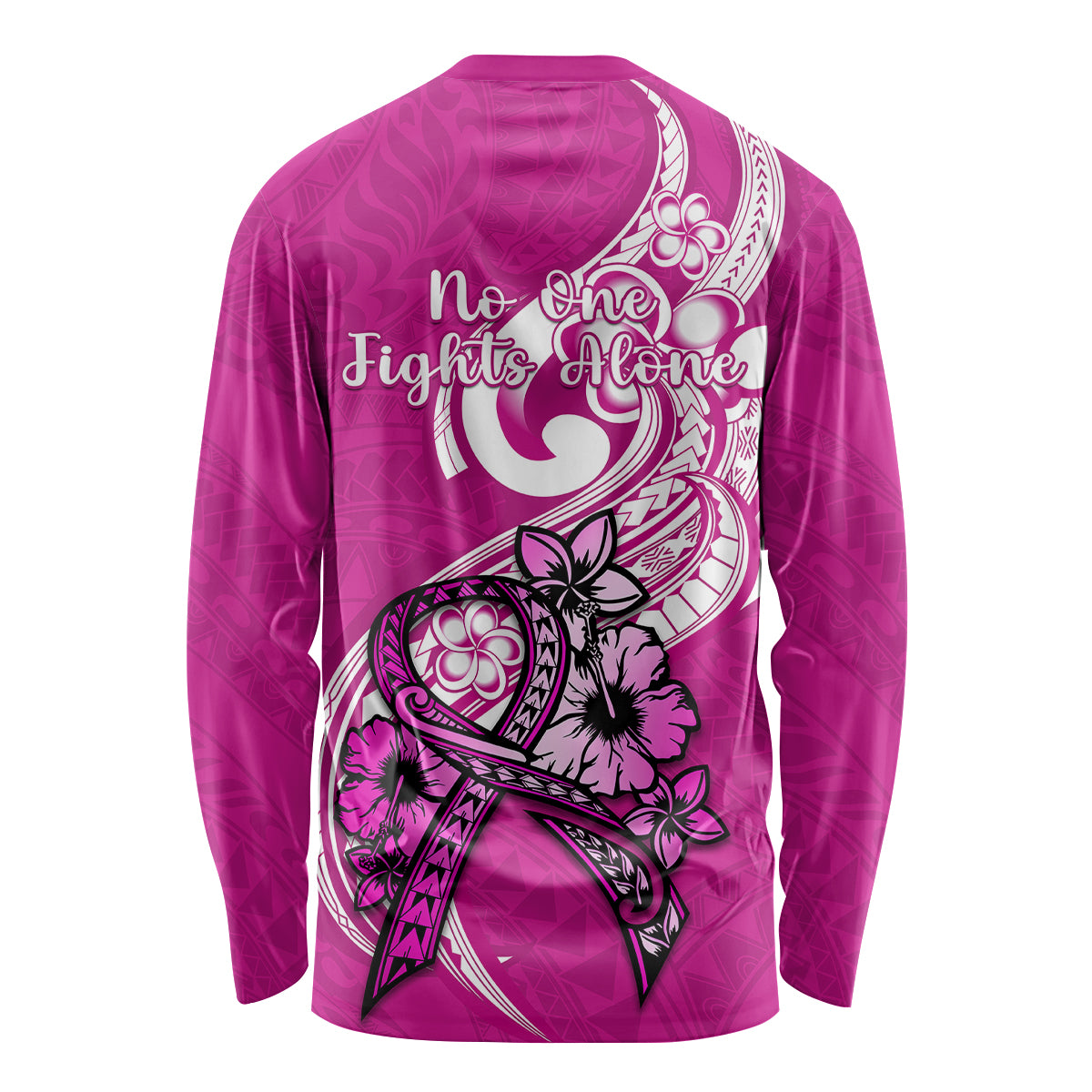 Polynesia Breast Cancer Awareness Long Sleeve Shirt Think Pink Polynesian Ribbon White Version - Wonder Print Shop