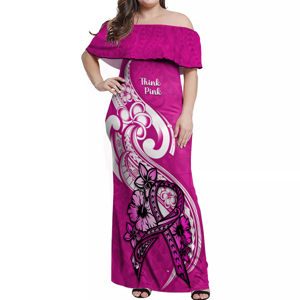 Polynesia Breast Cancer Awareness Off Shoulder Maxi Dress Think Pink Polynesian Ribbon White Version - Wonder Print Shop