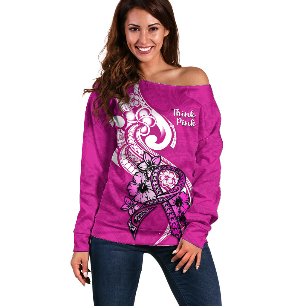Polynesia Breast Cancer Awareness Off Shoulder Sweater Think Pink Polynesian Ribbon White Version - Wonder Print Shop