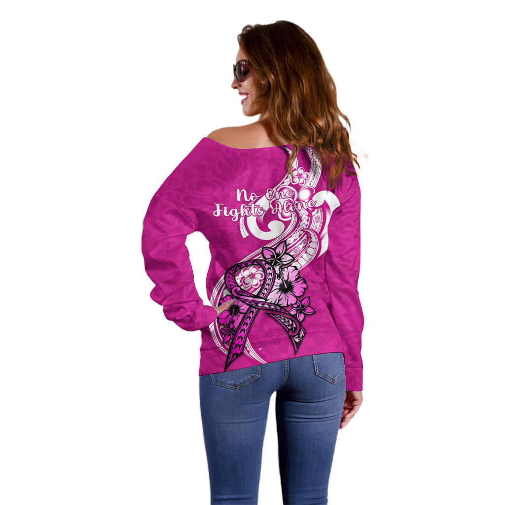 Polynesia Breast Cancer Awareness Off Shoulder Sweater Think Pink Polynesian Ribbon White Version - Wonder Print Shop