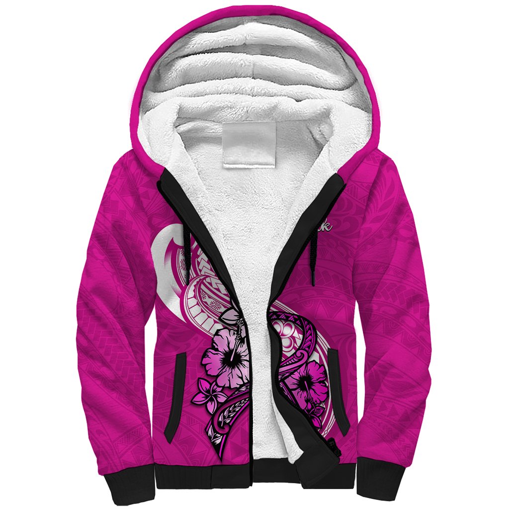 Polynesia Breast Cancer Awareness Sherpa Hoodie Think Pink Polynesian Ribbon White Version - Wonder Print Shop