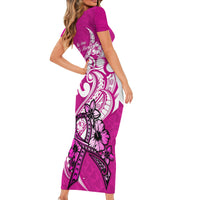 Polynesia Breast Cancer Awareness Short Sleeve Bodycon Dress Think Pink Polynesian Ribbon White Version - Wonder Print Shop