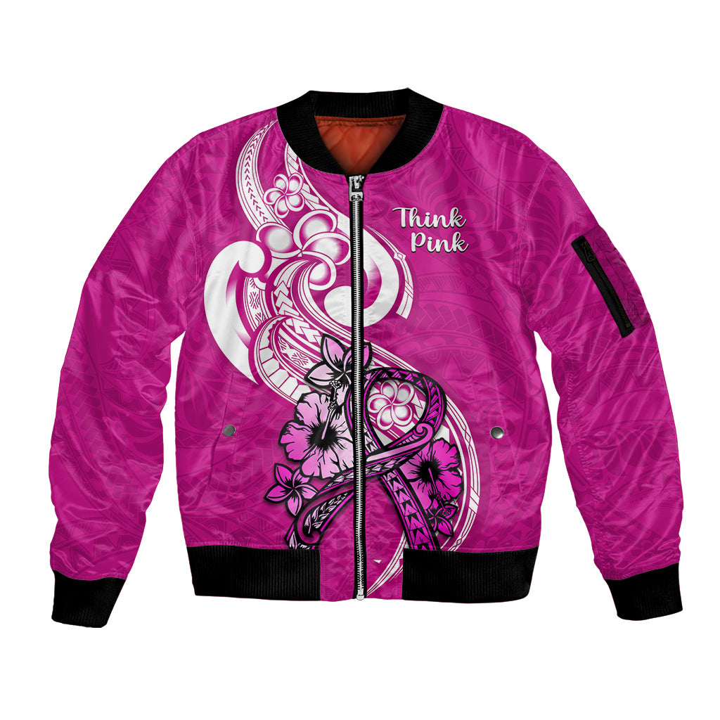 Polynesia Breast Cancer Awareness Sleeve Zip Bomber Jacket Think Pink Polynesian Ribbon White Version - Wonder Print Shop