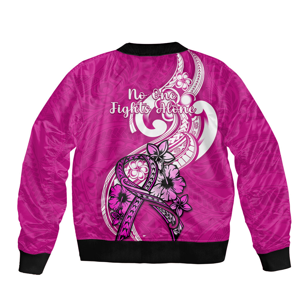 Polynesia Breast Cancer Awareness Sleeve Zip Bomber Jacket Think Pink Polynesian Ribbon White Version - Wonder Print Shop