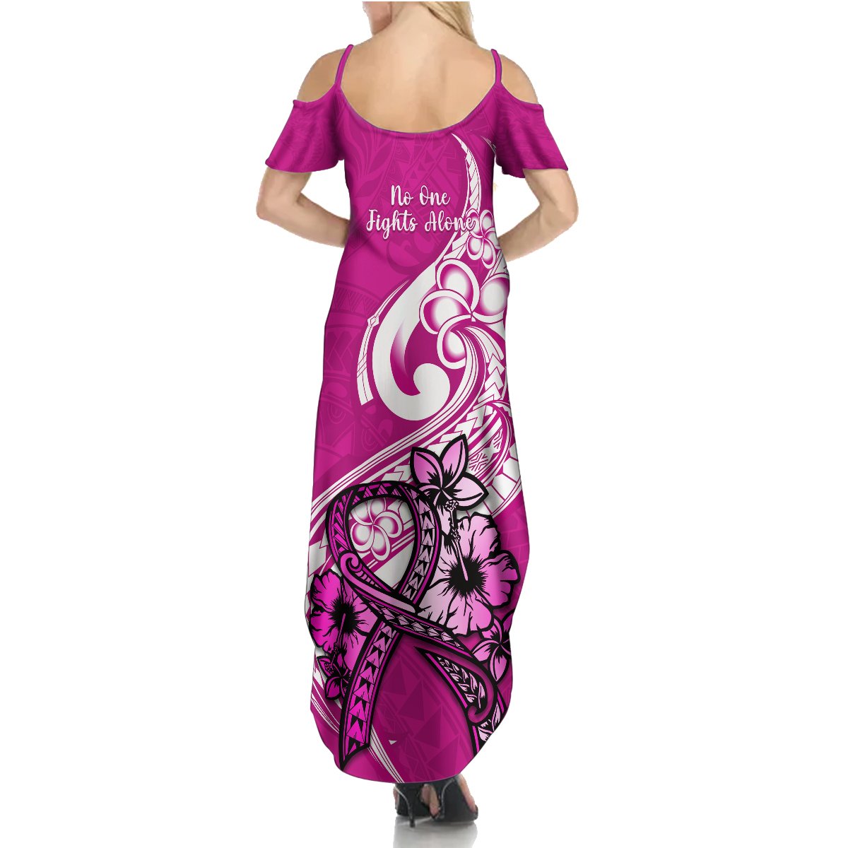 Polynesia Breast Cancer Awareness Summer Maxi Dress Think Pink Polynesian Ribbon White Version - Wonder Print Shop
