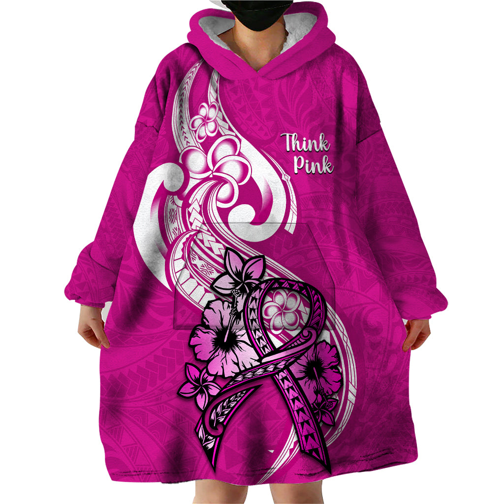Polynesia Breast Cancer Awareness Wearable Blanket Hoodie Think Pink Polynesian Ribbon White Version - Wonder Print Shop