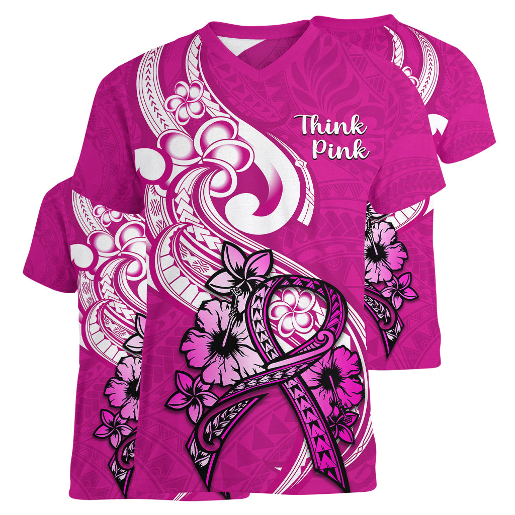 Polynesia Breast Cancer Awareness Women V Neck T Shirt Think Pink Polynesian Ribbon White Version - Wonder Print Shop