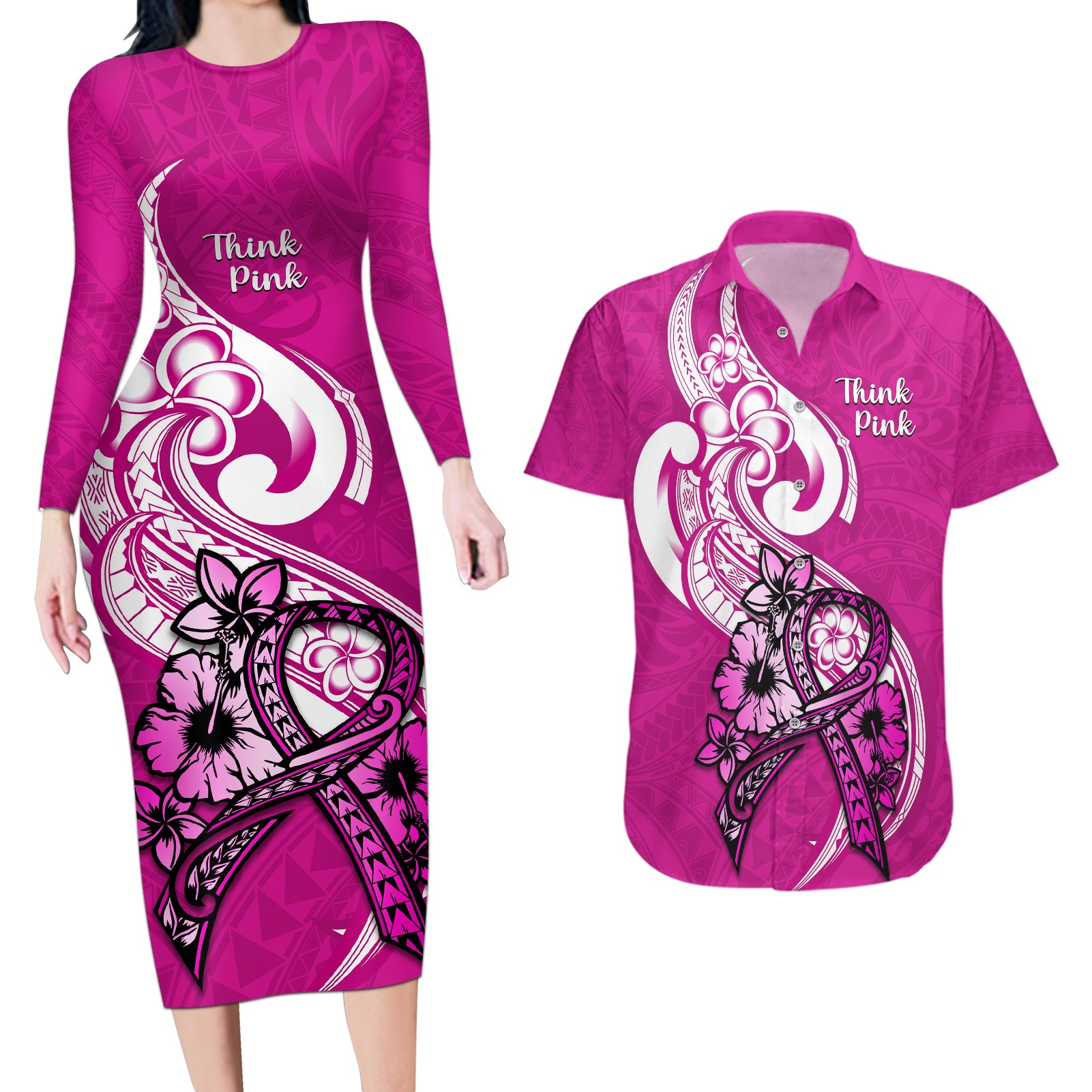 Personalised Polynesia Breast Cancer Awareness Couples Matching Long Sleeve Bodycon Dress and Hawaiian Shirt Think Pink Polynesian Ribbon White Version - Wonder Print Shop