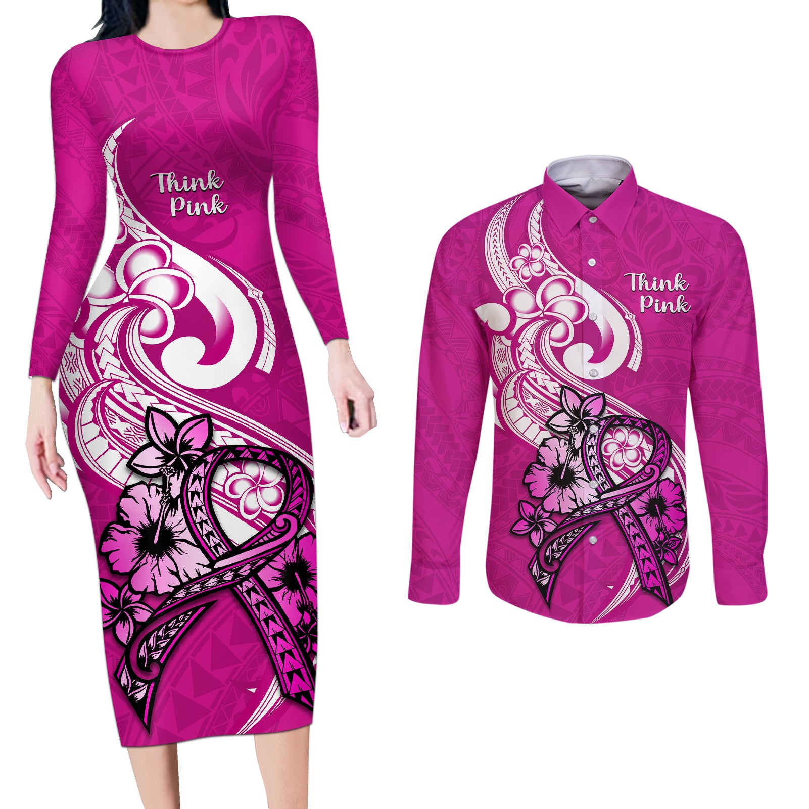 Personalised Polynesia Breast Cancer Awareness Couples Matching Long Sleeve Bodycon Dress and Long Sleeve Button Shirts Think Pink Polynesian Ribbon White Version - Wonder Print Shop