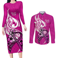 Personalised Polynesia Breast Cancer Awareness Couples Matching Long Sleeve Bodycon Dress and Long Sleeve Button Shirts Think Pink Polynesian Ribbon White Version - Wonder Print Shop