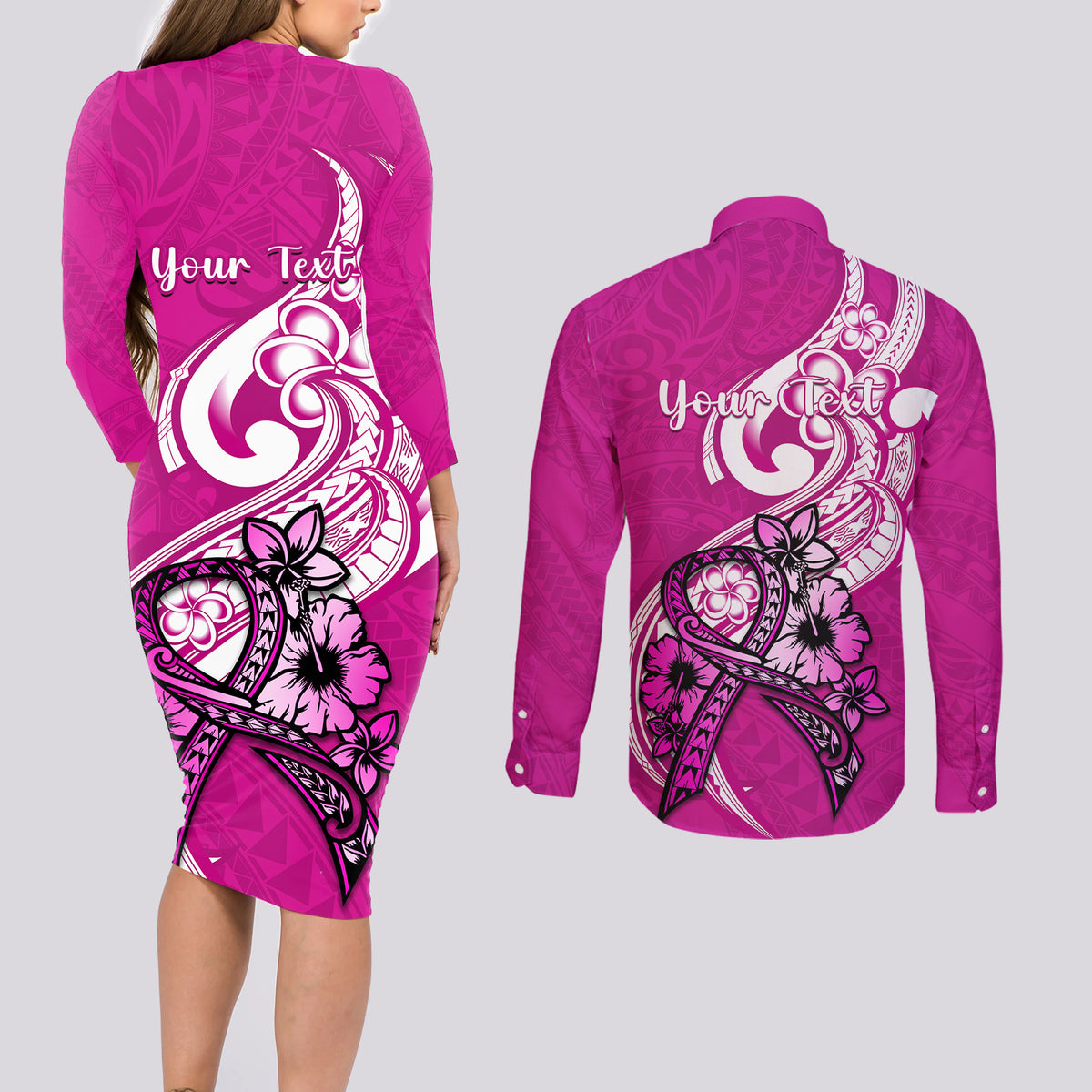 Personalised Polynesia Breast Cancer Awareness Couples Matching Long Sleeve Bodycon Dress and Long Sleeve Button Shirts Think Pink Polynesian Ribbon White Version - Wonder Print Shop