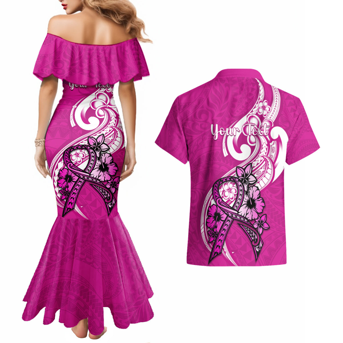 Personalised Polynesia Breast Cancer Awareness Couples Matching Mermaid Dress and Hawaiian Shirt Think Pink Polynesian Ribbon White Version - Wonder Print Shop