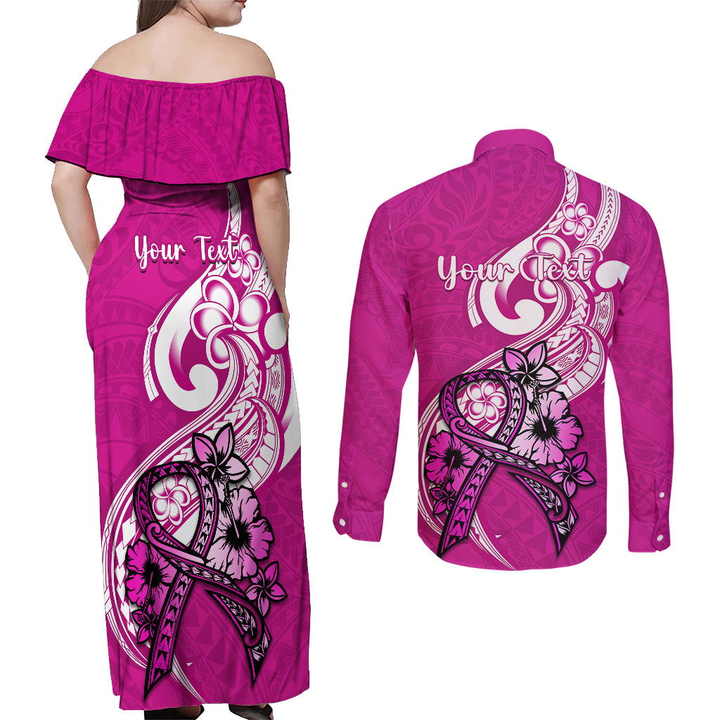 Personalised Polynesia Breast Cancer Awareness Couples Matching Off Shoulder Maxi Dress and Long Sleeve Button Shirts Think Pink Polynesian Ribbon White Version - Wonder Print Shop