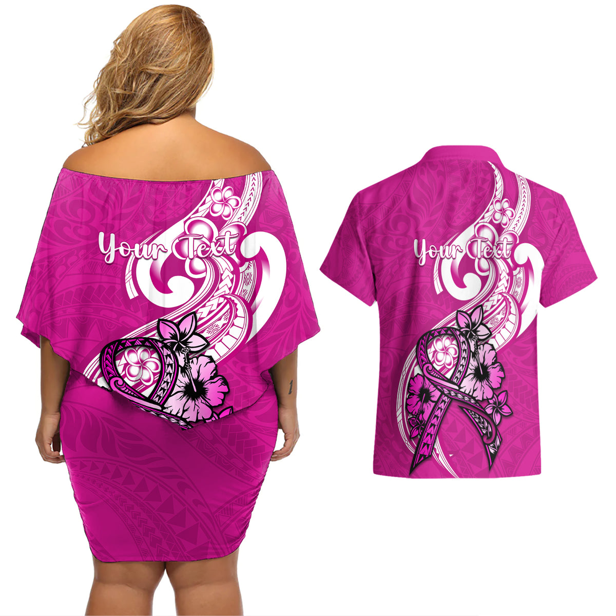 Personalised Polynesia Breast Cancer Awareness Couples Matching Off Shoulder Short Dress and Hawaiian Shirt Think Pink Polynesian Ribbon White Version - Wonder Print Shop