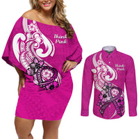 Personalised Polynesia Breast Cancer Awareness Couples Matching Off Shoulder Short Dress and Long Sleeve Button Shirts Think Pink Polynesian Ribbon White Version - Wonder Print Shop