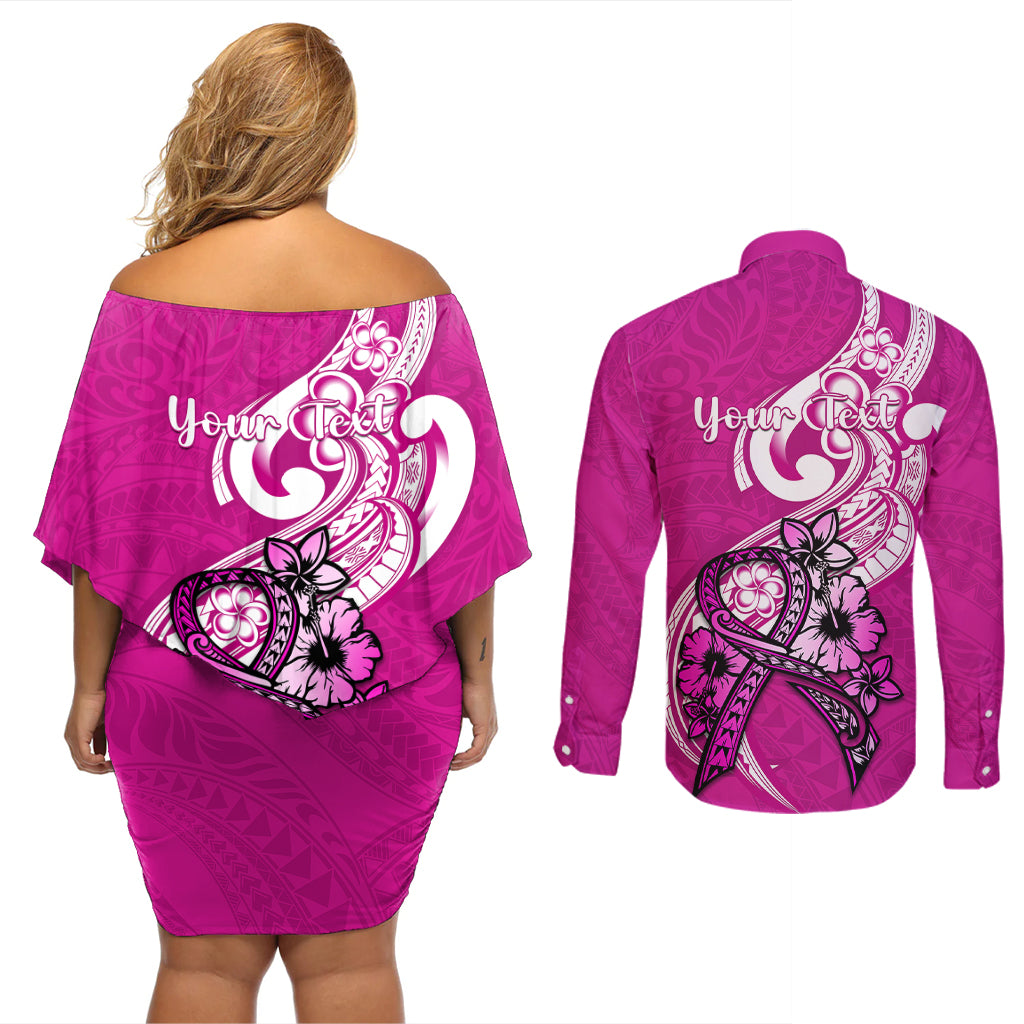 Personalised Polynesia Breast Cancer Awareness Couples Matching Off Shoulder Short Dress and Long Sleeve Button Shirts Think Pink Polynesian Ribbon White Version - Wonder Print Shop