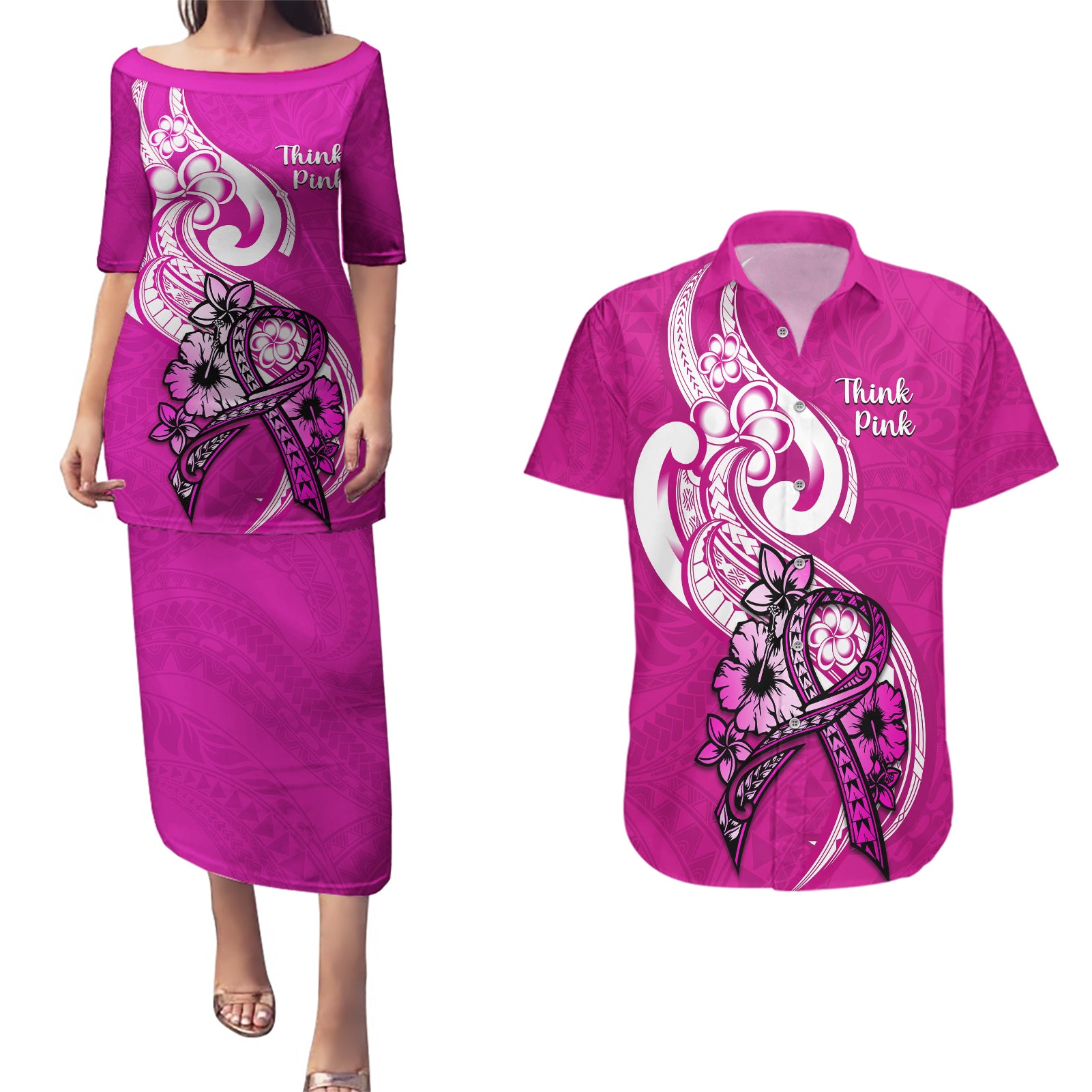Personalised Polynesia Breast Cancer Awareness Couples Matching Puletasi Dress and Hawaiian Shirt Think Pink Polynesian Ribbon White Version - Wonder Print Shop