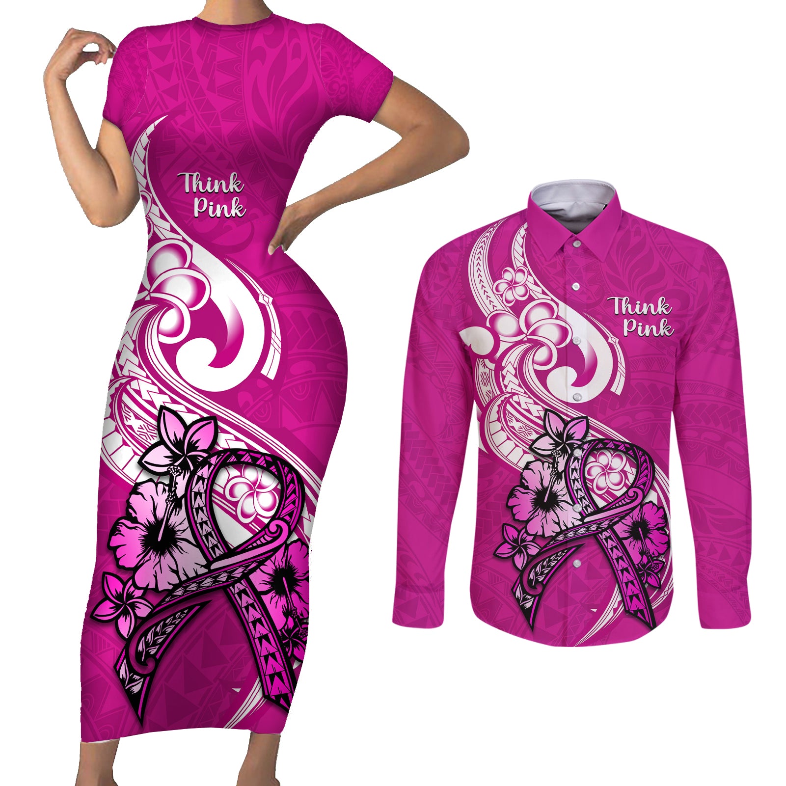 Personalised Polynesia Breast Cancer Awareness Couples Matching Short Sleeve Bodycon Dress and Long Sleeve Button Shirts Think Pink Polynesian Ribbon White Version - Wonder Print Shop