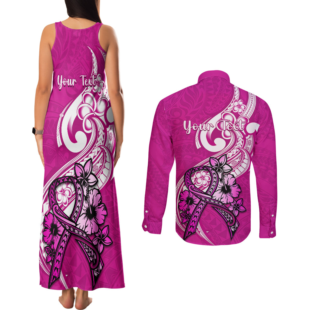 Personalised Polynesia Breast Cancer Awareness Couples Matching Tank Maxi Dress and Long Sleeve Button Shirts Think Pink Polynesian Ribbon White Version - Wonder Print Shop
