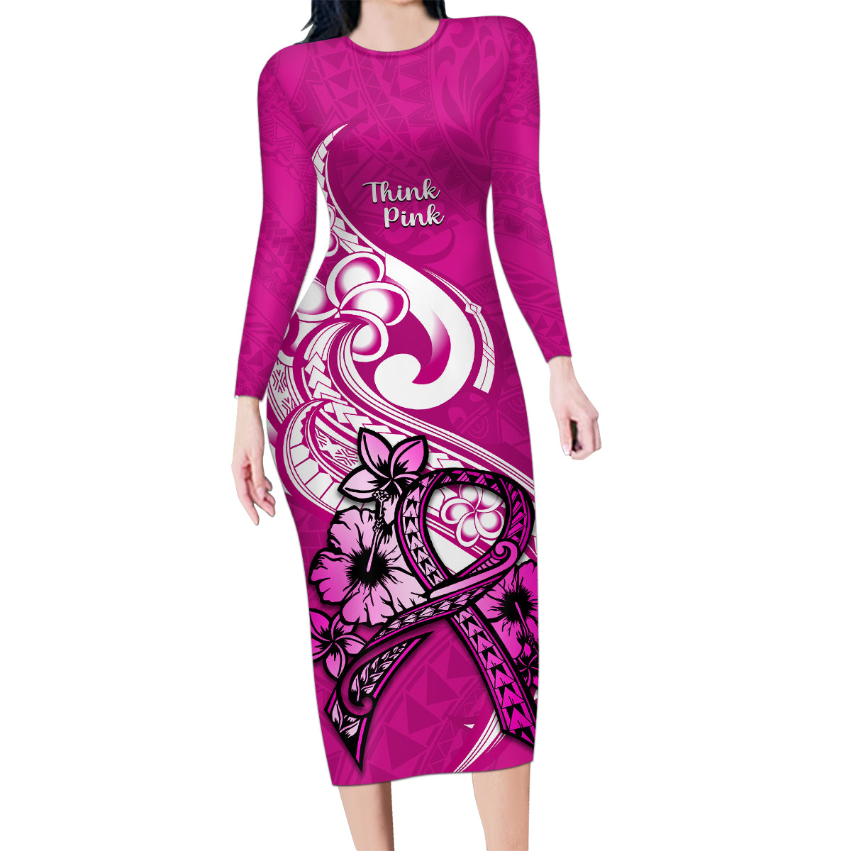 Personalised Polynesia Breast Cancer Awareness Family Matching Long Sleeve Bodycon Dress and Hawaiian Shirt Think Pink Polynesian Ribbon White Version - Wonder Print Shop