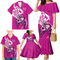 Personalised Polynesia Breast Cancer Awareness Family Matching Mermaid Dress and Hawaiian Shirt Think Pink Polynesian Ribbon White Version - Wonder Print Shop