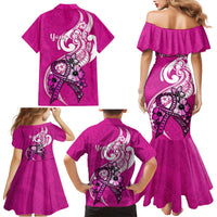 Personalised Polynesia Breast Cancer Awareness Family Matching Mermaid Dress and Hawaiian Shirt Think Pink Polynesian Ribbon White Version - Wonder Print Shop