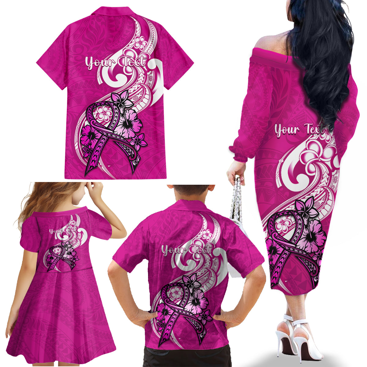 Personalised Polynesia Breast Cancer Awareness Family Matching Off Shoulder Long Sleeve Dress and Hawaiian Shirt Think Pink Polynesian Ribbon White Version - Wonder Print Shop