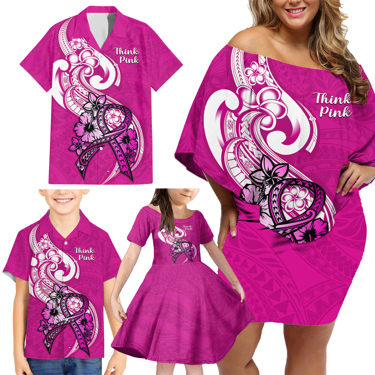 Personalised Polynesia Breast Cancer Awareness Family Matching Off Shoulder Short Dress and Hawaiian Shirt Think Pink Polynesian Ribbon White Version - Wonder Print Shop