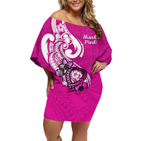 Personalised Polynesia Breast Cancer Awareness Family Matching Off Shoulder Short Dress and Hawaiian Shirt Think Pink Polynesian Ribbon White Version - Wonder Print Shop
