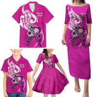Personalised Polynesia Breast Cancer Awareness Family Matching Puletasi Dress and Hawaiian Shirt Think Pink Polynesian Ribbon White Version - Wonder Print Shop