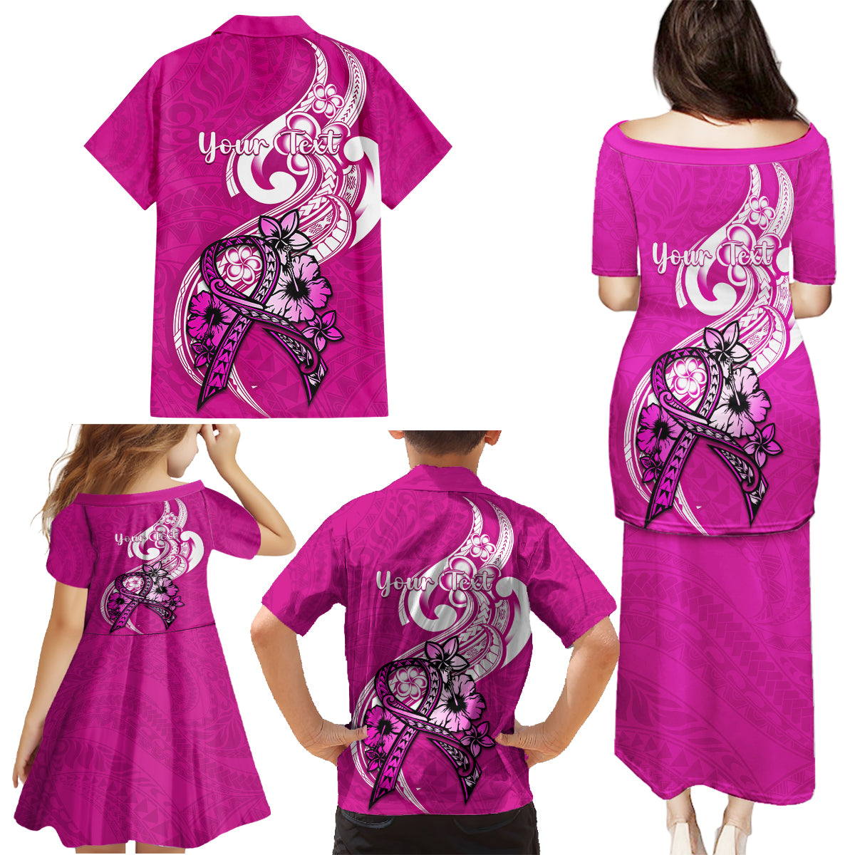 Personalised Polynesia Breast Cancer Awareness Family Matching Puletasi Dress and Hawaiian Shirt Think Pink Polynesian Ribbon White Version - Wonder Print Shop