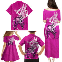 Personalised Polynesia Breast Cancer Awareness Family Matching Puletasi Dress and Hawaiian Shirt Think Pink Polynesian Ribbon White Version - Wonder Print Shop