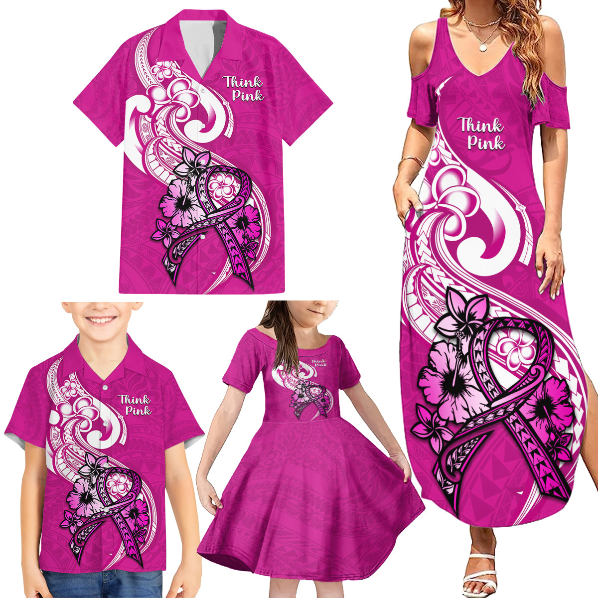 Personalised Polynesia Breast Cancer Awareness Family Matching Summer Maxi Dress and Hawaiian Shirt Think Pink Polynesian Ribbon White Version - Wonder Print Shop