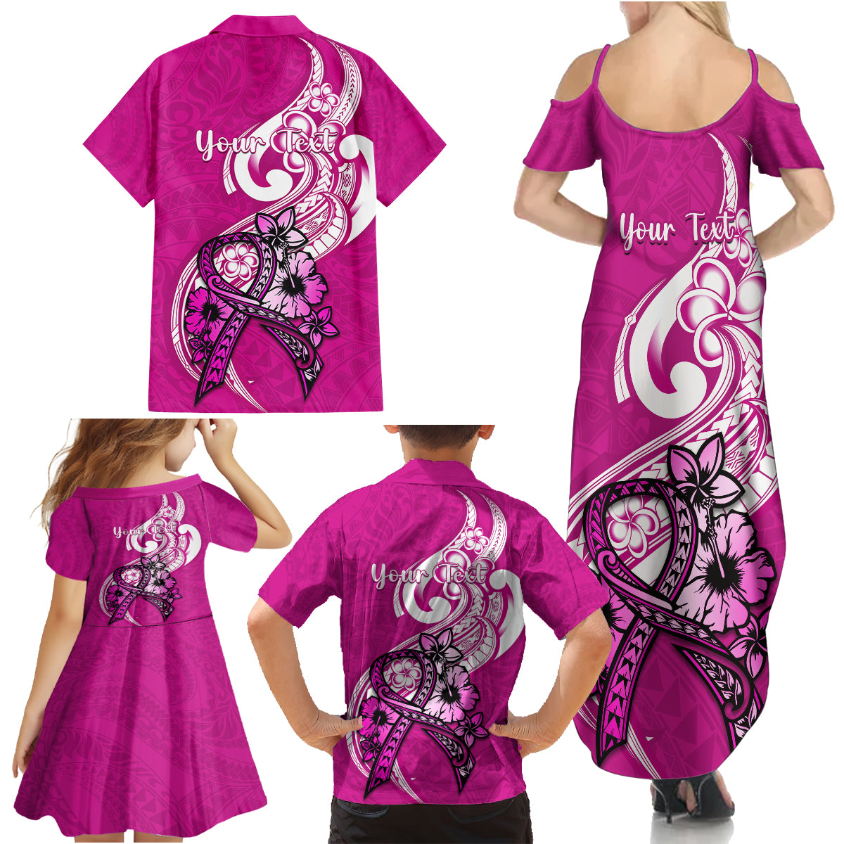 Personalised Polynesia Breast Cancer Awareness Family Matching Summer Maxi Dress and Hawaiian Shirt Think Pink Polynesian Ribbon White Version - Wonder Print Shop