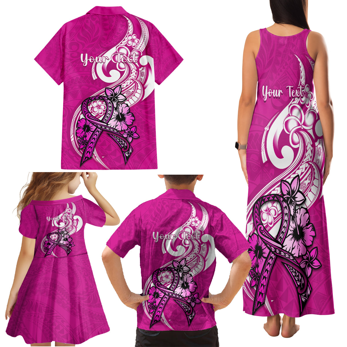 Personalised Polynesia Breast Cancer Awareness Family Matching Tank Maxi Dress and Hawaiian Shirt Think Pink Polynesian Ribbon White Version - Wonder Print Shop