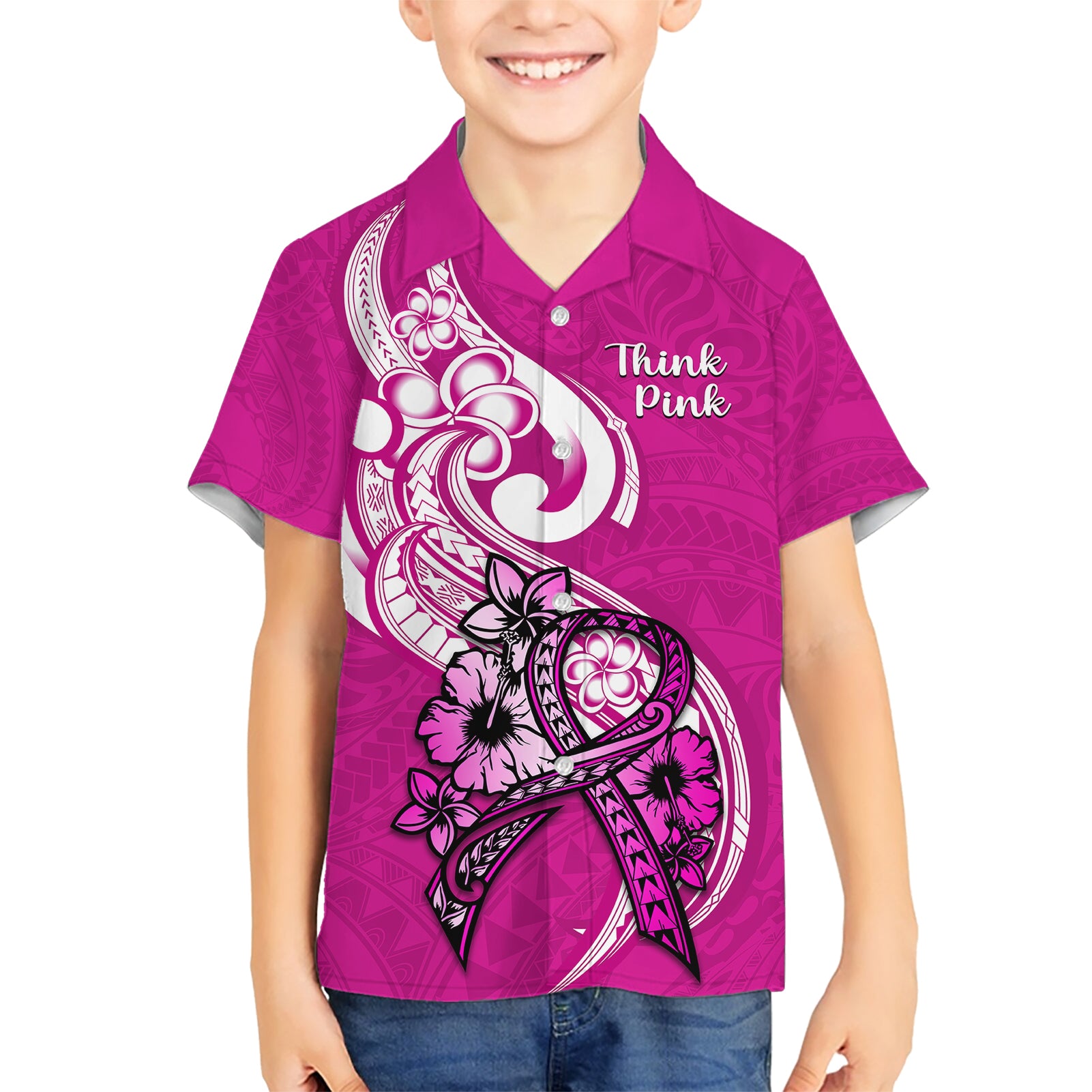 Personalised Polynesia Breast Cancer Awareness Kid Hawaiian Shirt Think Pink Polynesian Ribbon White Version - Wonder Print Shop