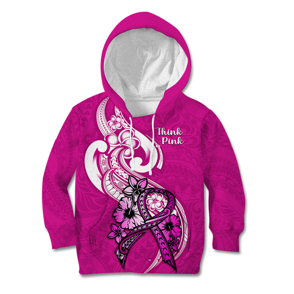 Personalised Polynesia Breast Cancer Awareness Kid Hoodie Think Pink Polynesian Ribbon White Version - Wonder Print Shop