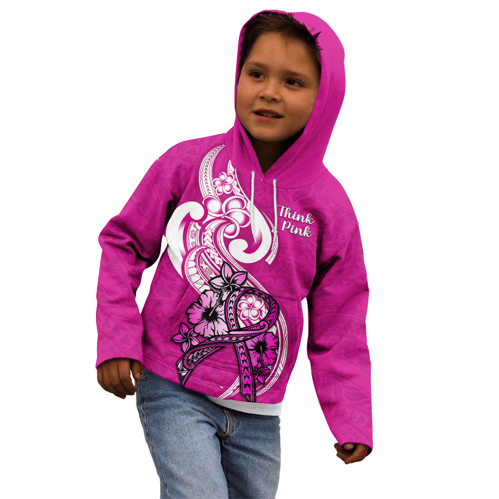 Personalised Polynesia Breast Cancer Awareness Kid Hoodie Think Pink Polynesian Ribbon White Version - Wonder Print Shop
