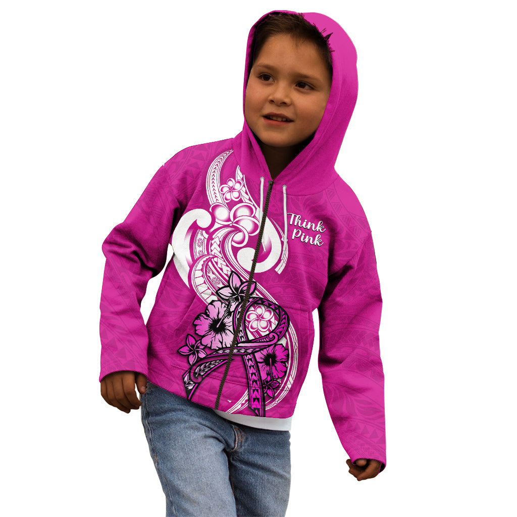 Personalised Polynesia Breast Cancer Awareness Kid Hoodie Think Pink Polynesian Ribbon White Version - Wonder Print Shop