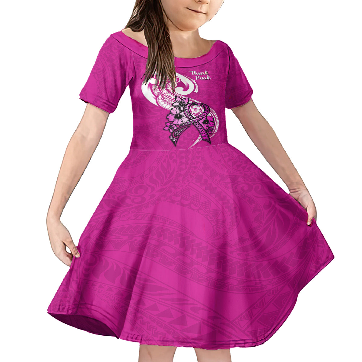Personalised Polynesia Breast Cancer Awareness Kid Short Sleeve Dress Think Pink Polynesian Ribbon White Version - Wonder Print Shop