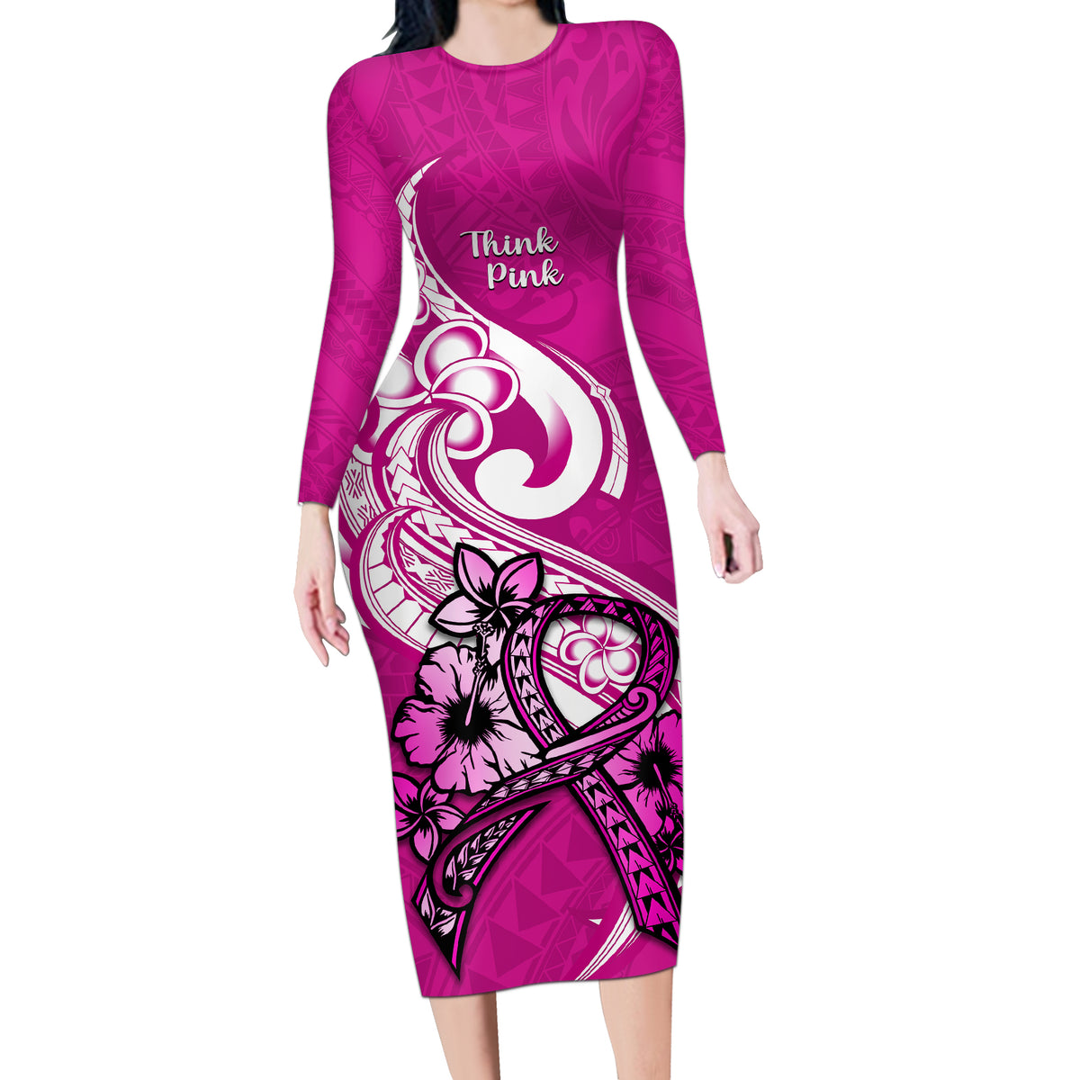 Personalised Polynesia Breast Cancer Awareness Long Sleeve Bodycon Dress Think Pink Polynesian Ribbon White Version - Wonder Print Shop