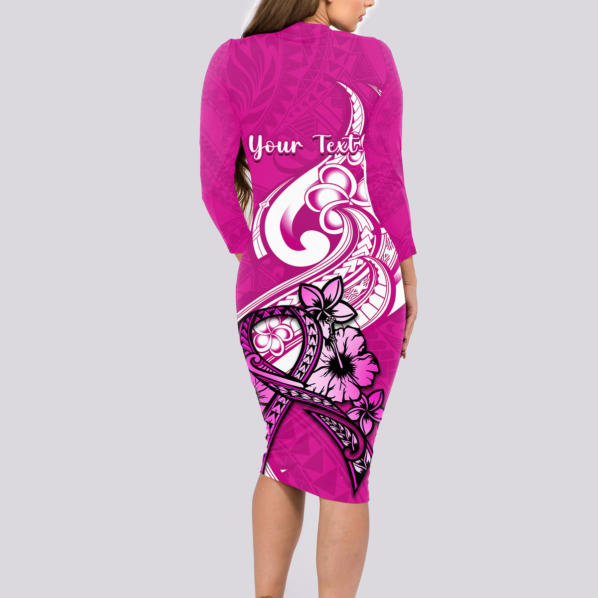 Personalised Polynesia Breast Cancer Awareness Long Sleeve Bodycon Dress Think Pink Polynesian Ribbon White Version - Wonder Print Shop