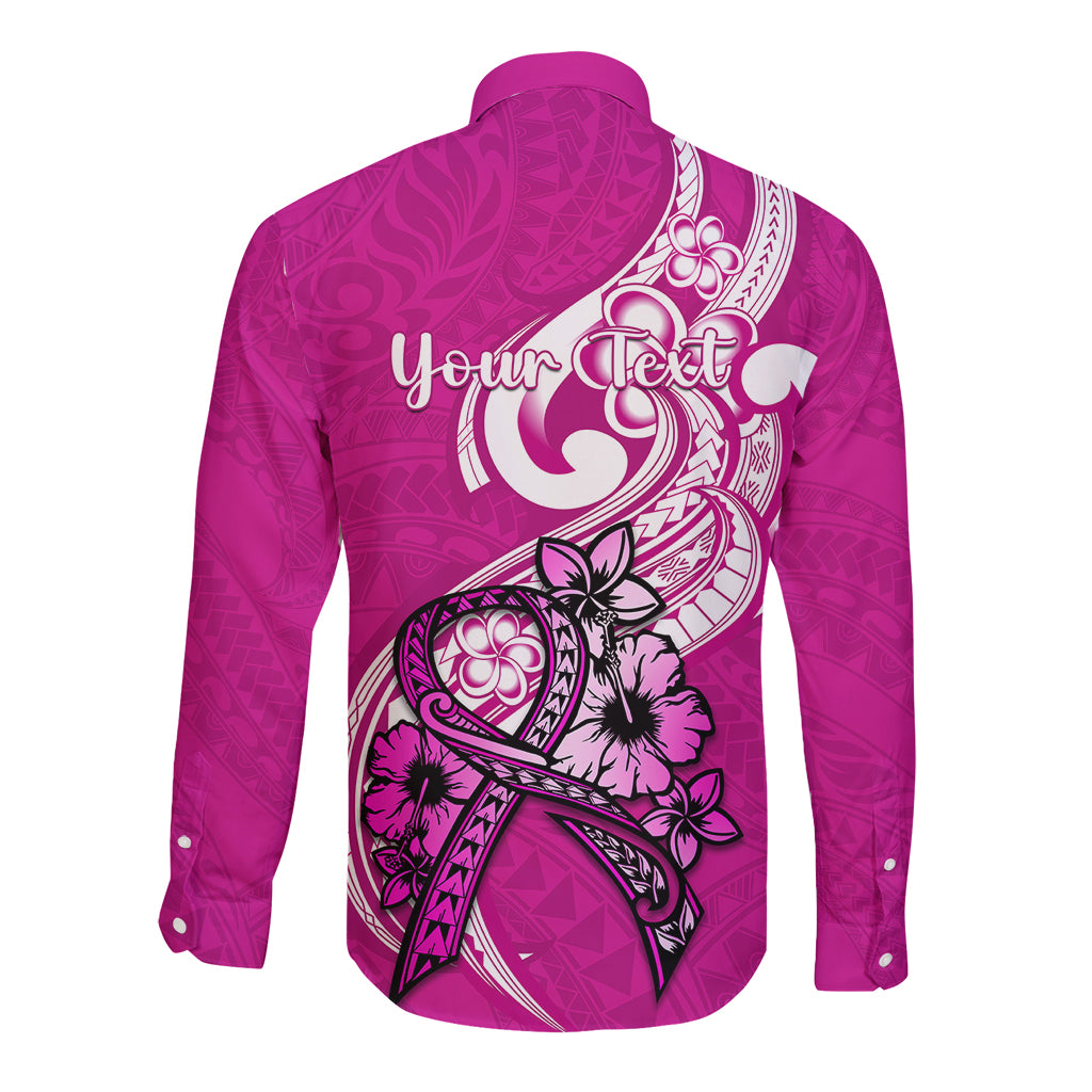 Personalised Polynesia Breast Cancer Awareness Long Sleeve Button Shirt Think Pink Polynesian Ribbon White Version - Wonder Print Shop