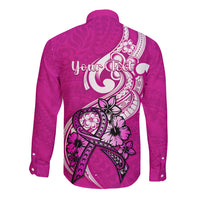 Personalised Polynesia Breast Cancer Awareness Long Sleeve Button Shirt Think Pink Polynesian Ribbon White Version - Wonder Print Shop