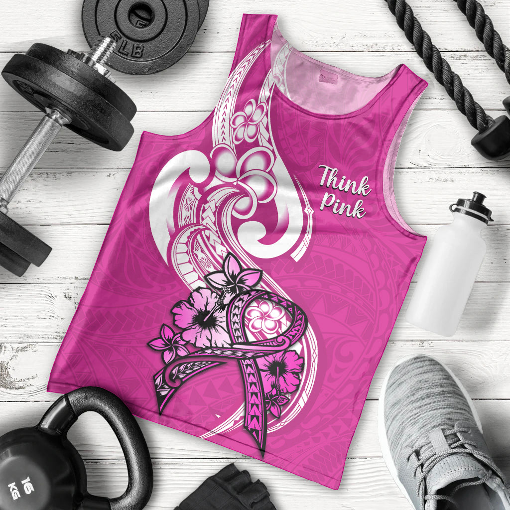 Personalised Polynesia Breast Cancer Awareness Men Tank Top Think Pink Polynesian Ribbon White Version - Wonder Print Shop
